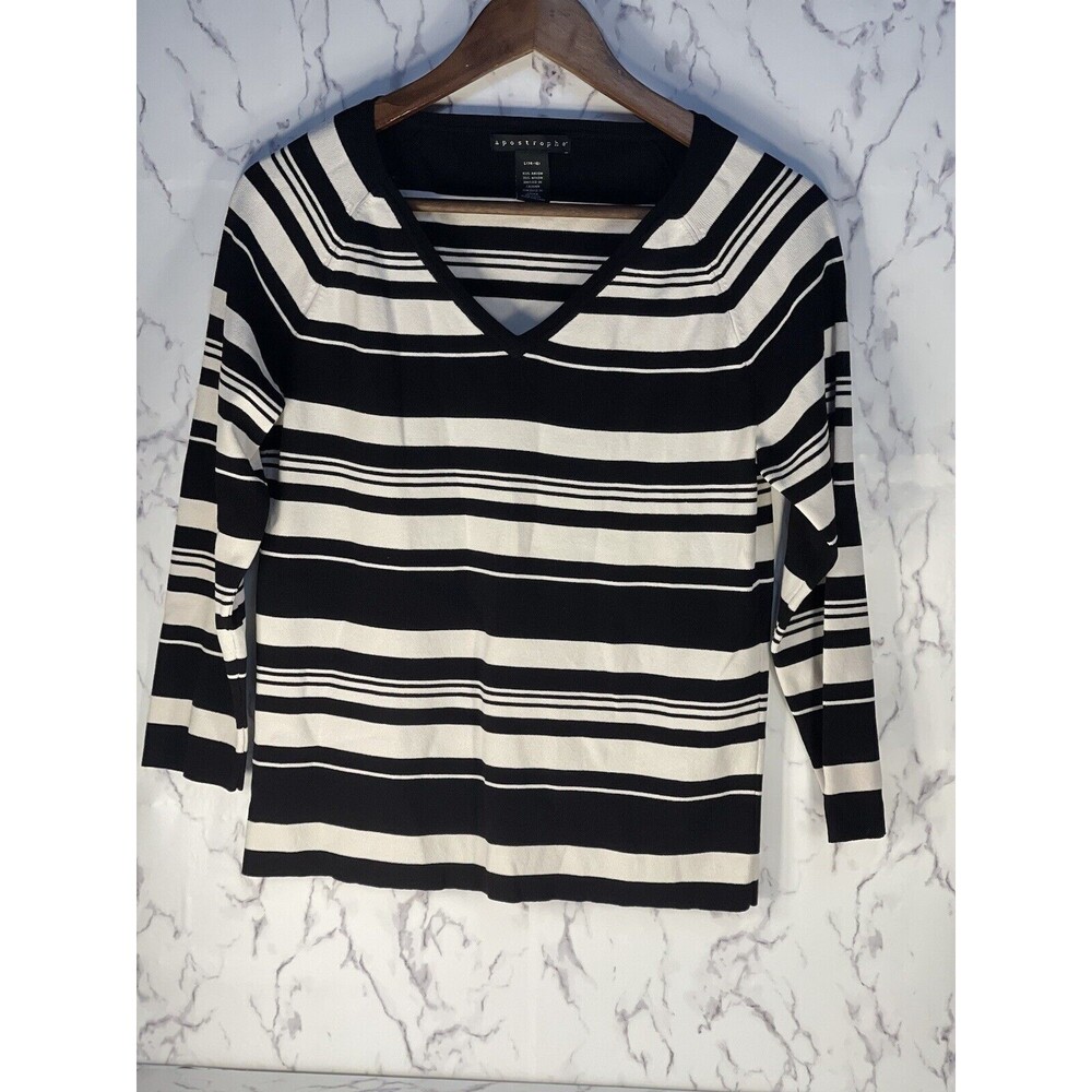 Apostrophe Women’s Black & White Striped Shirt Size Large 14/16 Stretch